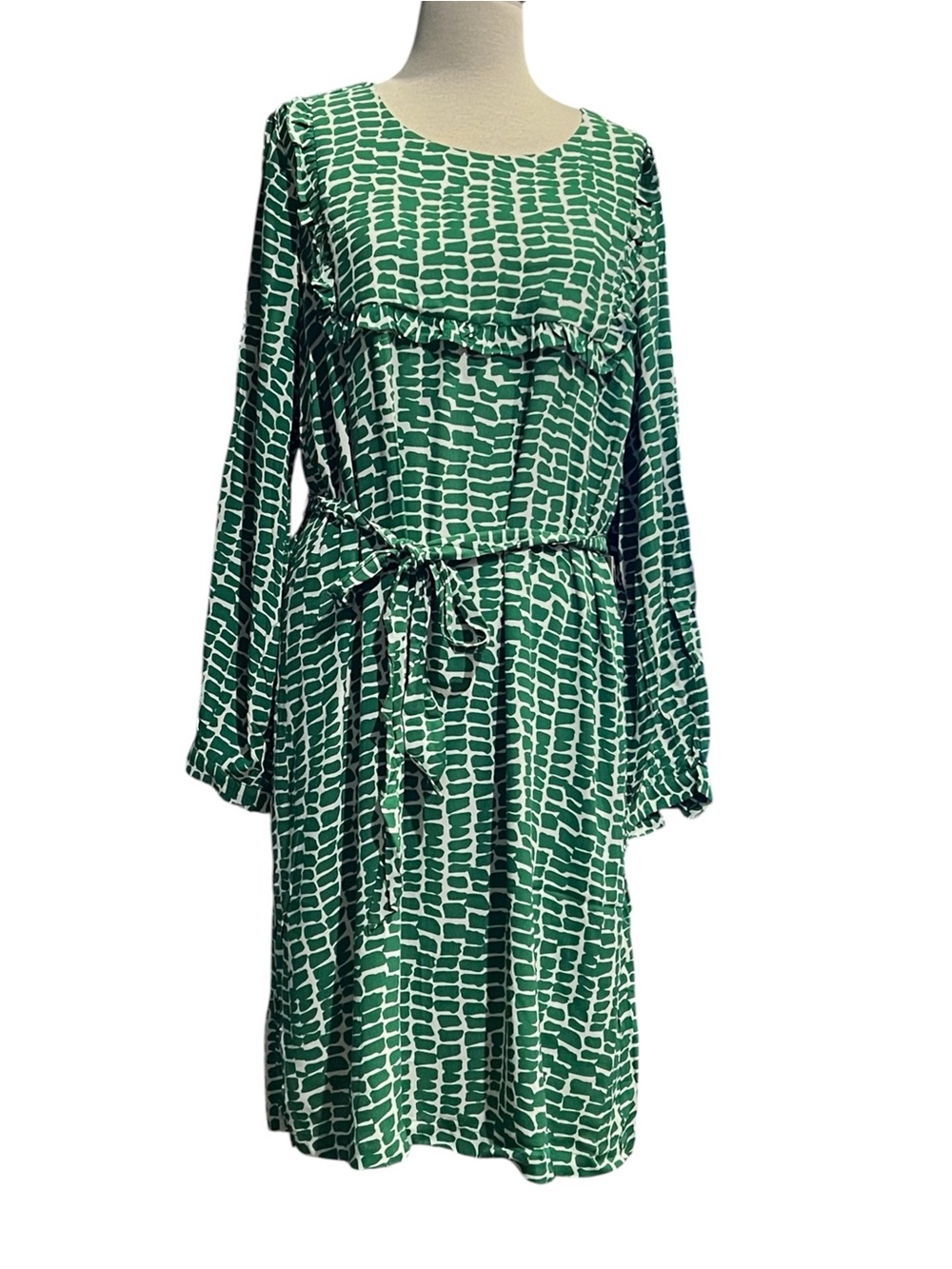 Emerald Green Printed Long Sleeve Dress w/ Tie Waist & Ruffle Detail Boho Chic